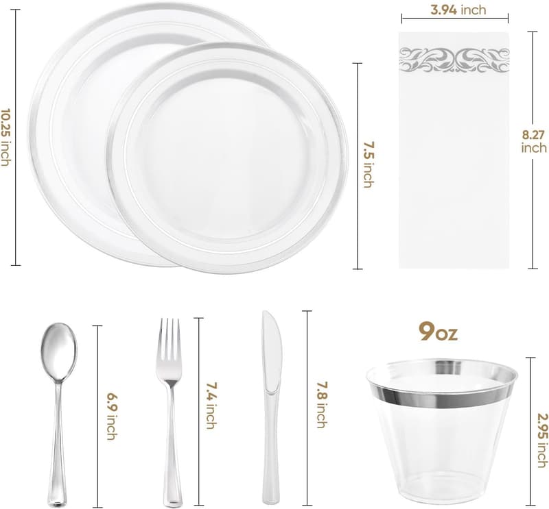 Elegant 350-Piece Silver Rim Disposable Dinnerware Set for 50