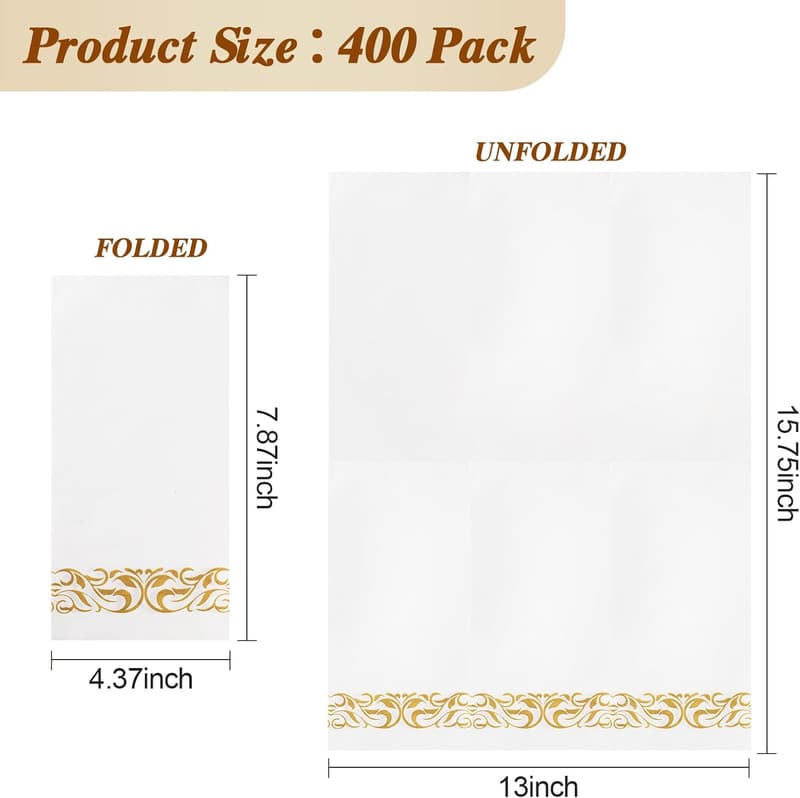 Elegant 3-Ply Gold Trim Napkins - 400 Pack for Events