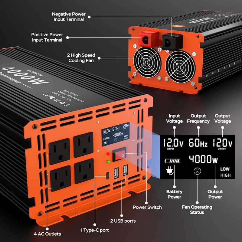 4000W DC to AC Power Inverter with LCD Display & 4 Outlets