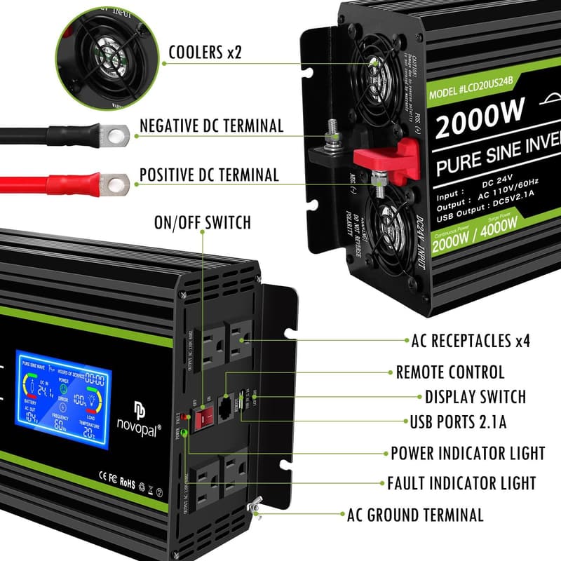 24V DC to 120V AC Pure Sine Wave Inverter with LCD Display