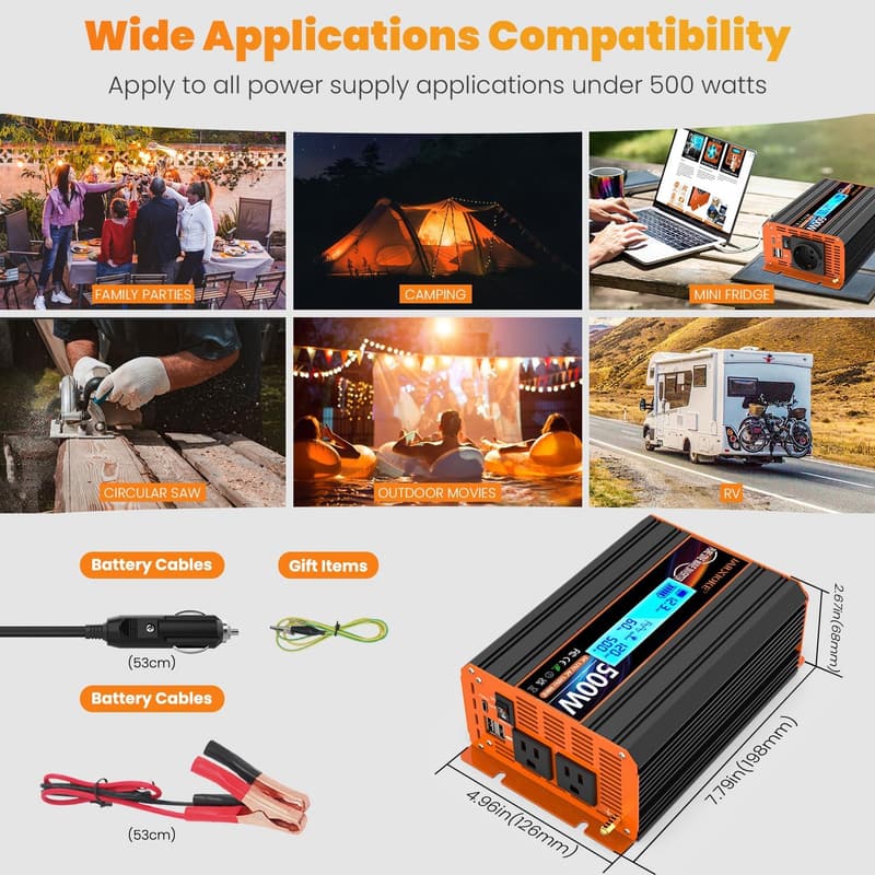 500W Pure Sine Wave Inverter with Type-C, AC & USB Ports