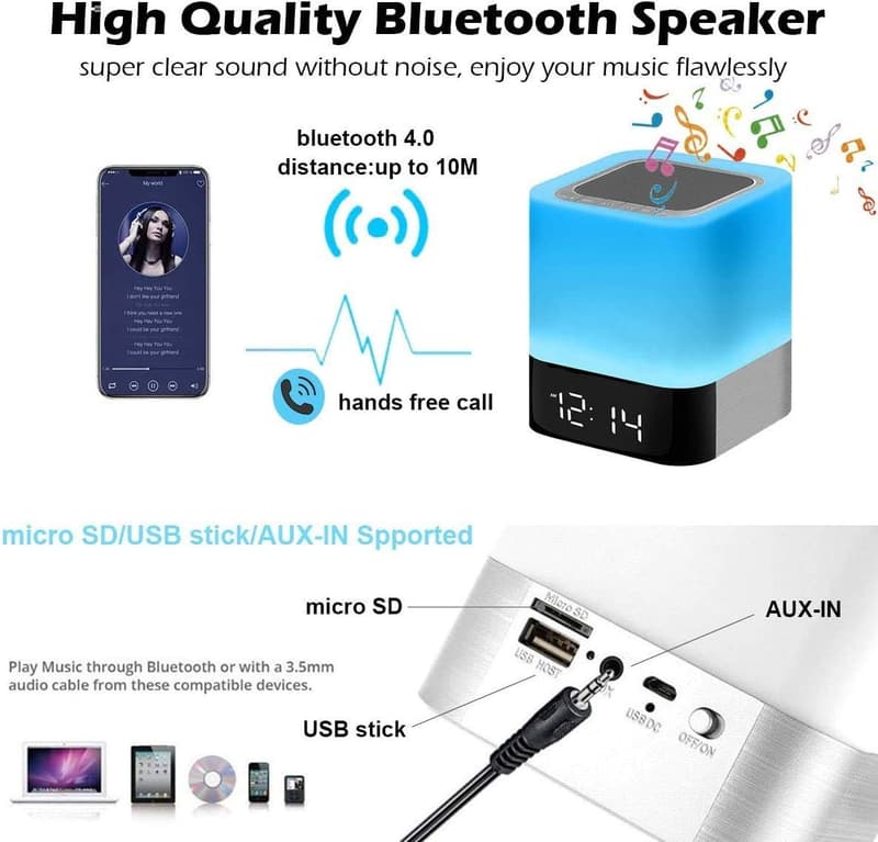 Dimmable Bluetooth Speaker Alarm Clock Night Light Lamp