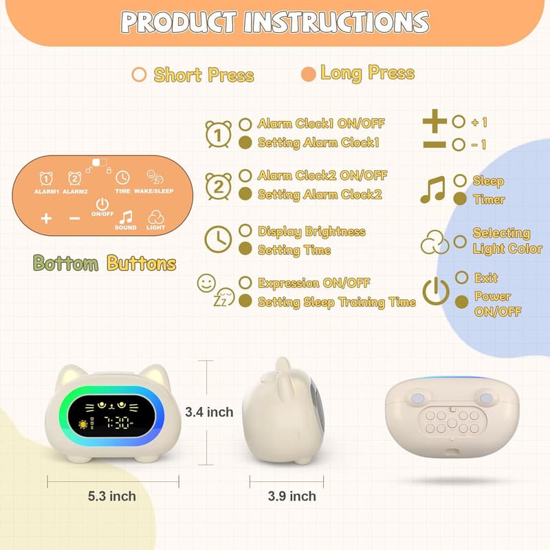 Kids Sleep Training Alarm Clock with Night Lights and Dual Alarms