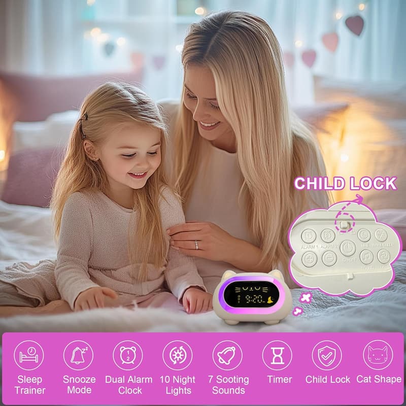 Kids Alarm Clock with Soothing Sounds and Night Lights