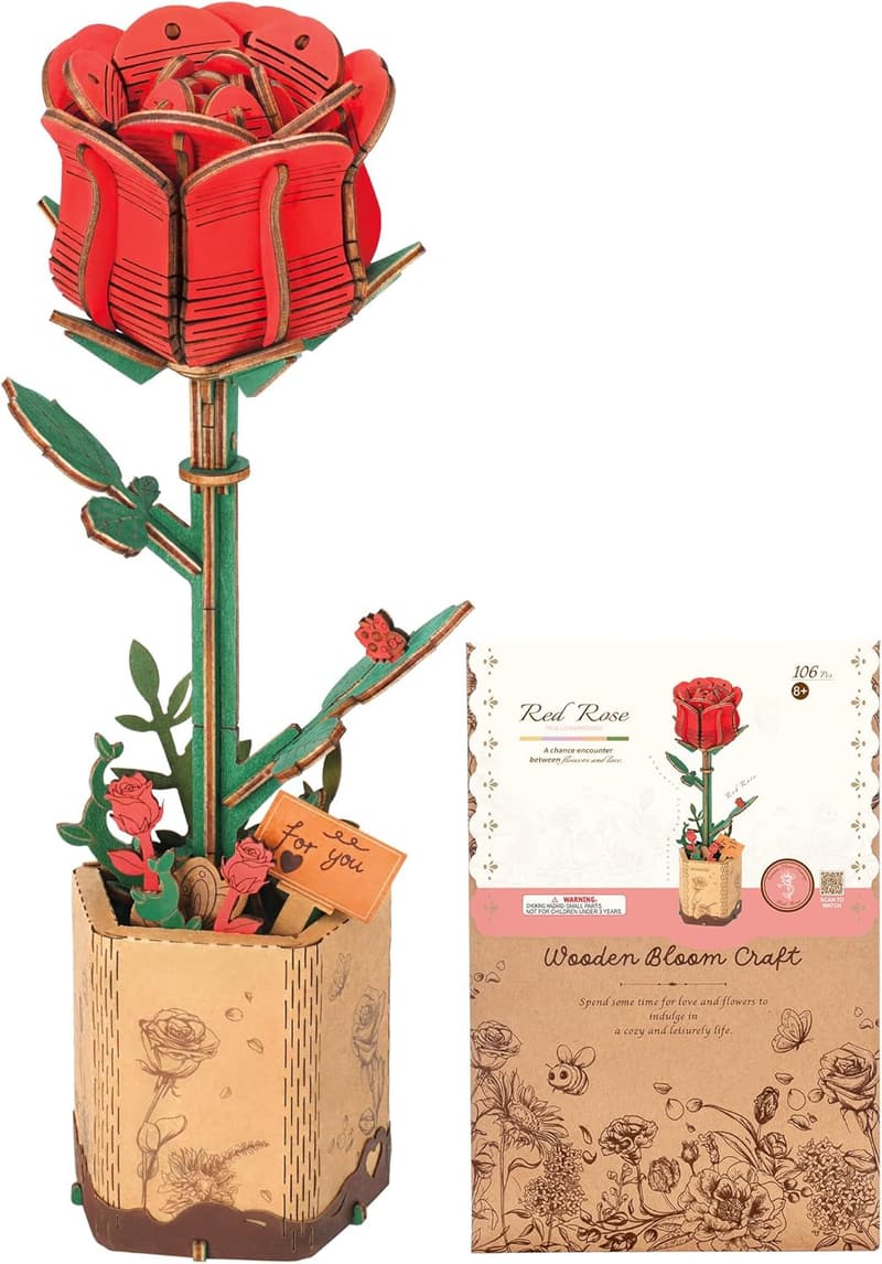 3D Wooden Flower Puzzle Kit - Red Rose DIY Craft for Adults