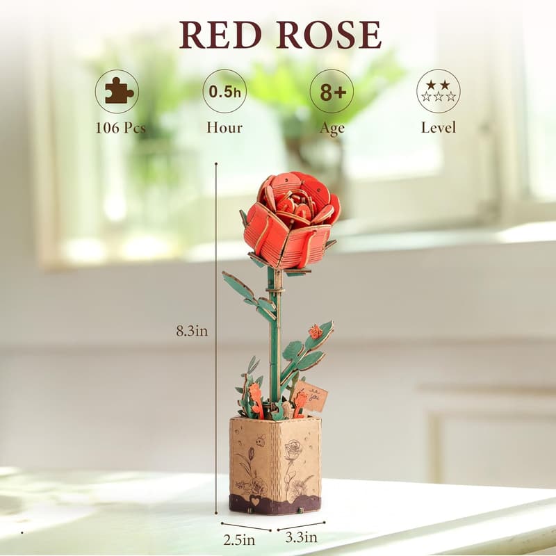 3D Wooden Flower Puzzle Kit - Red Rose DIY Craft for Adults