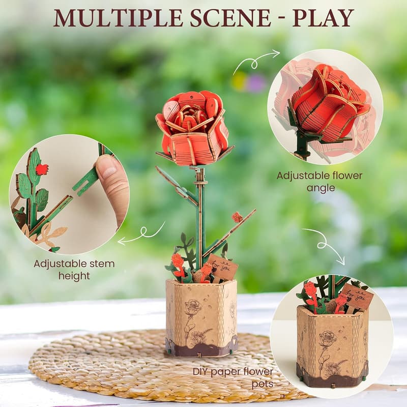 3D Wooden Flower Puzzle Kit - Red Rose DIY Craft for Adults