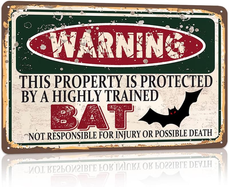 Funny Tin Sign - Vintage Bat Warning - 12x8 Inch