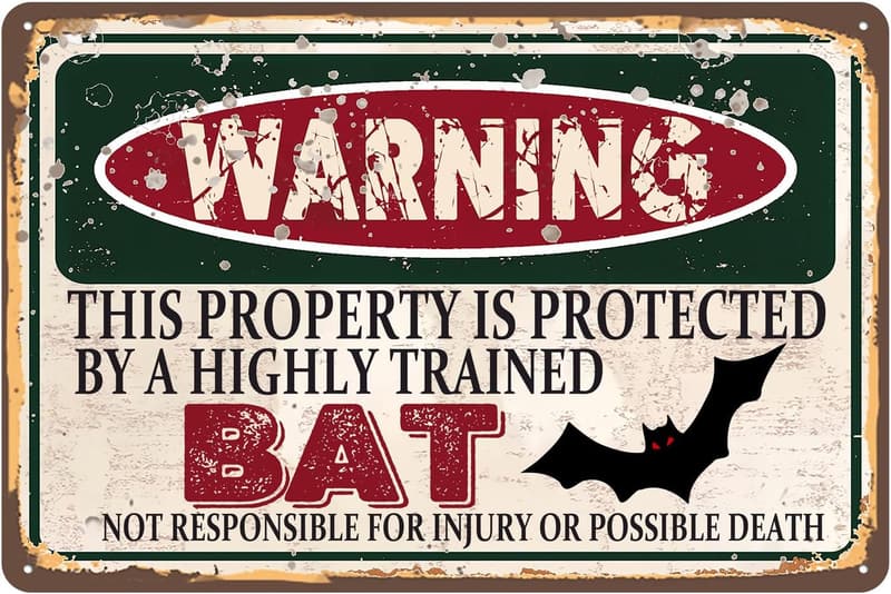 Funny Tin Sign - Vintage Bat Warning - 12x8 Inch