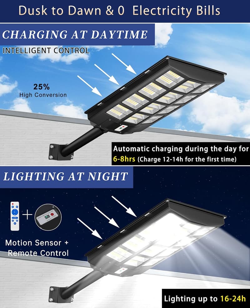 Outdoor Solar Street Lights with Motion Sensor - 6800W, 6500K