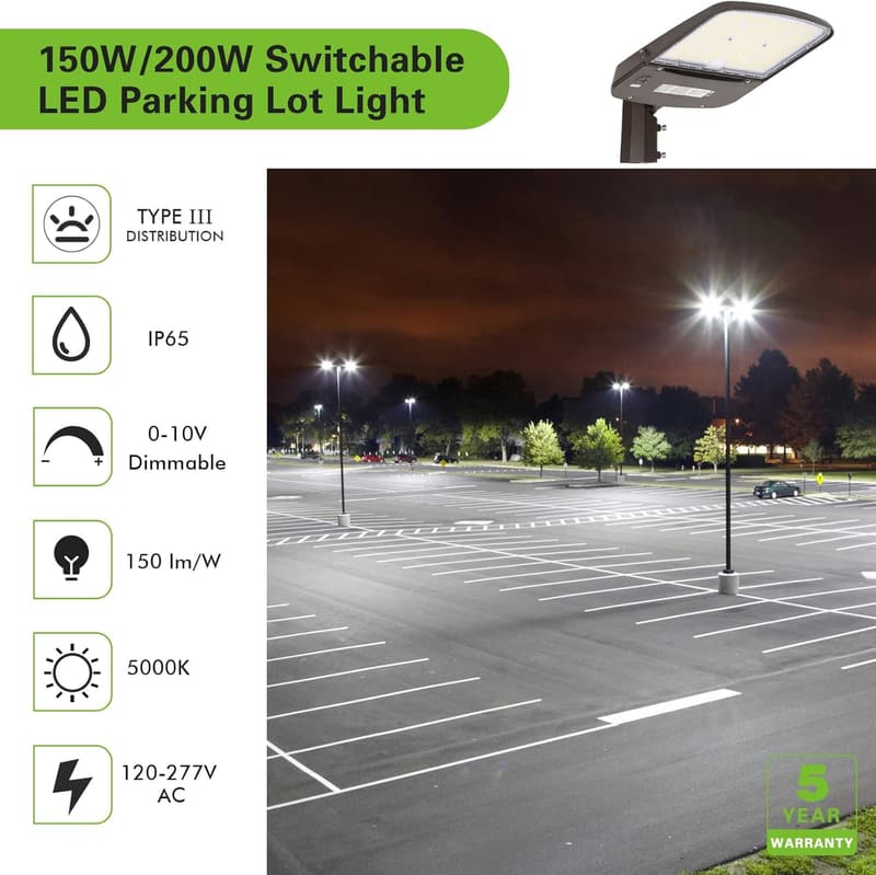 Switchable 150W LED Parking Lot Light with Photocell Sensor