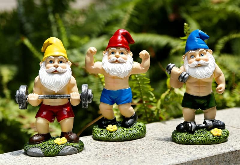 Funny Garden Gnome Statues Set - Muscular Barbell & Dumbbell Decor