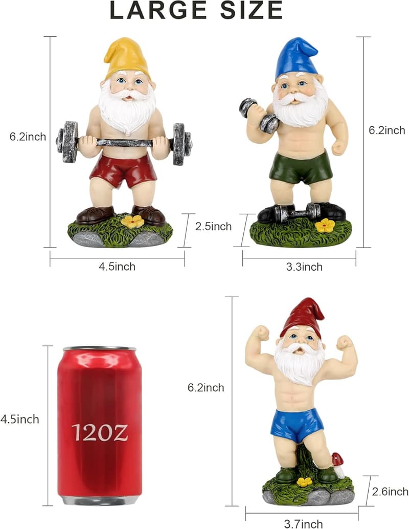 Funny Garden Gnome Statues Set - Muscular Barbell & Dumbbell Decor