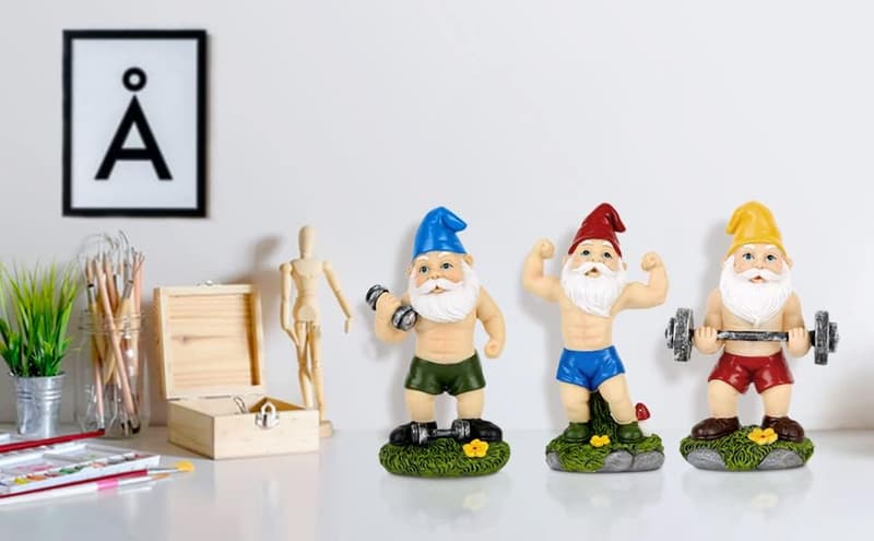 Funny Garden Gnome Statues Set - Muscular Barbell & Dumbbell Decor