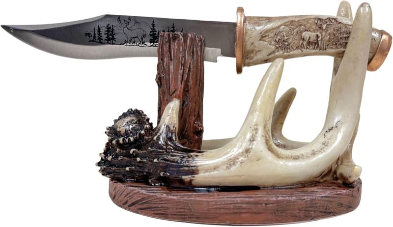 Decorative Carved Handle Deer Buck Knife with Faux Antler Stand