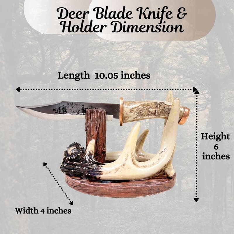 Decorative Carved Handle Deer Buck Knife with Faux Antler Stand