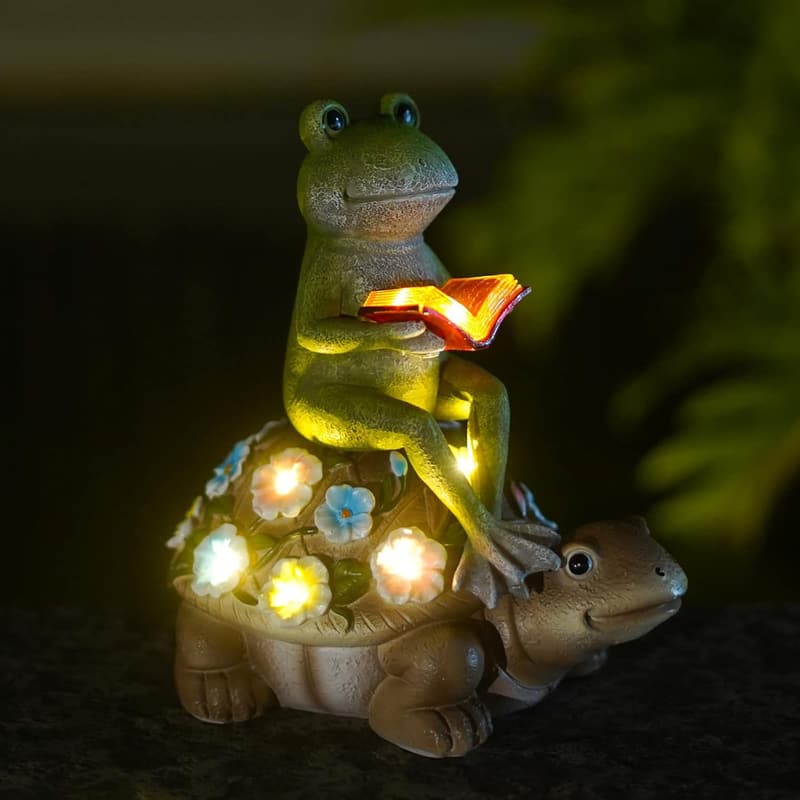 Garden Solar Frog on Turtle Statue - Outdoor Decor Gift for Mom