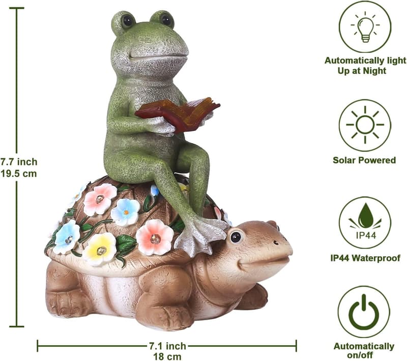 Garden Solar Frog on Turtle Statue - Outdoor Decor Gift for Mom