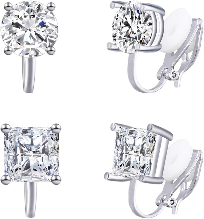 Non-Pierced 8MM Cubic Zirconia Clip-On Stud Earrings for Women
