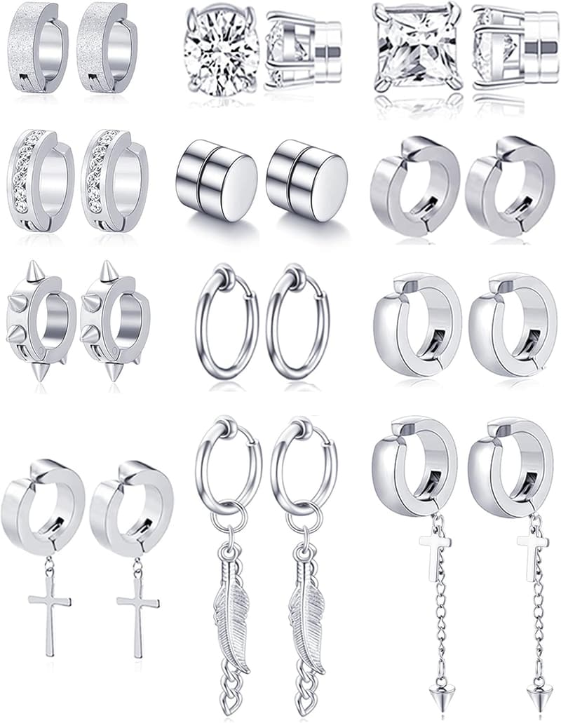 Magnetic Stud Earrings Set - Stainless Steel CZ Dangles for Couples