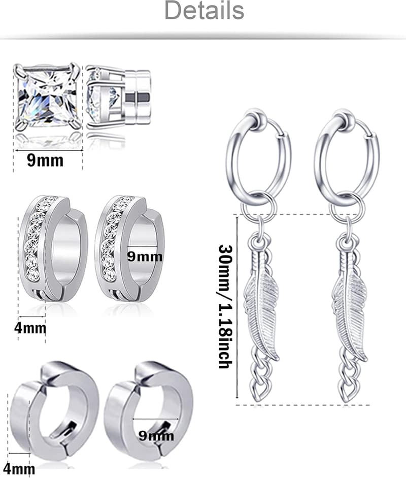 Magnetic Stud Earrings Set - Stainless Steel CZ Dangles for Couples