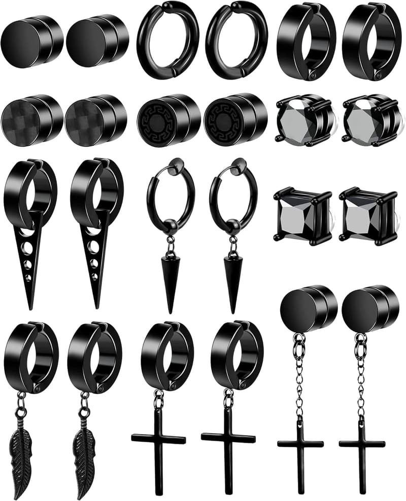 12 Pairs Black Magnetic Clip-On Earrings Set for Men & Women