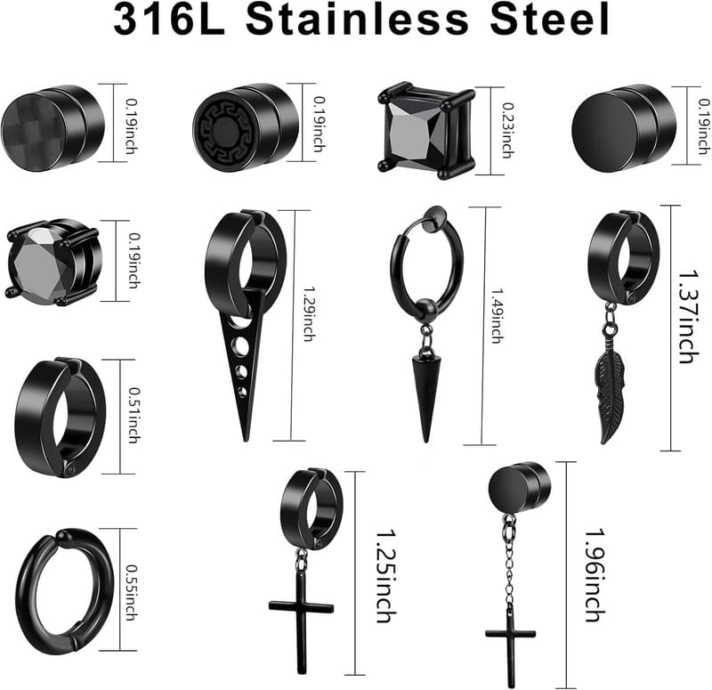 12 Pairs Black Magnetic Clip-On Earrings Set for Men & Women