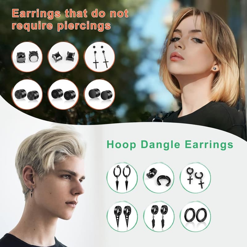 12 Pairs Black Magnetic Clip-On Earrings Set for Men & Women