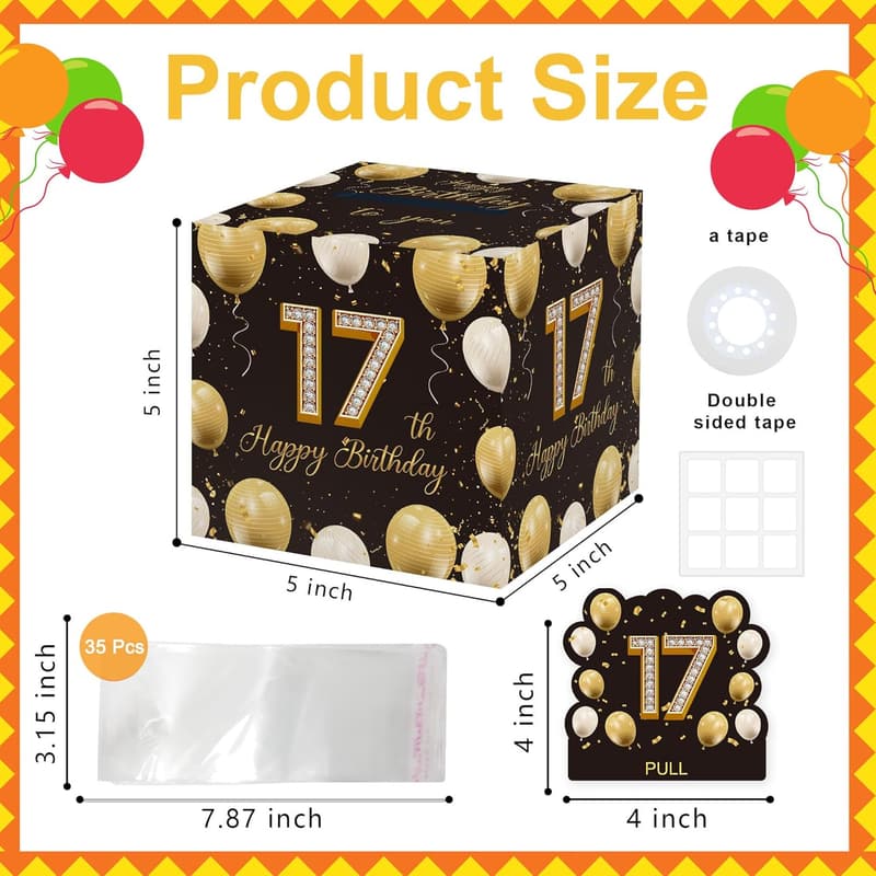 17th Birthday Black Gold Surprise Money Box with 35 Bags