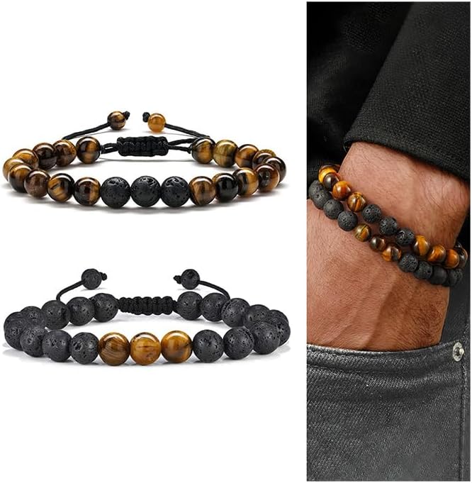 Natural Stone Bracelet for Men - 8mm Tiger Eye & Lava Rock