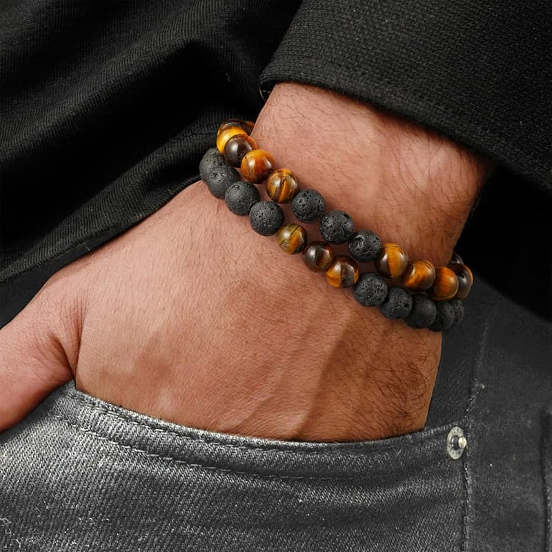 Natural Stone Bracelet for Men - 8mm Tiger Eye & Lava Rock