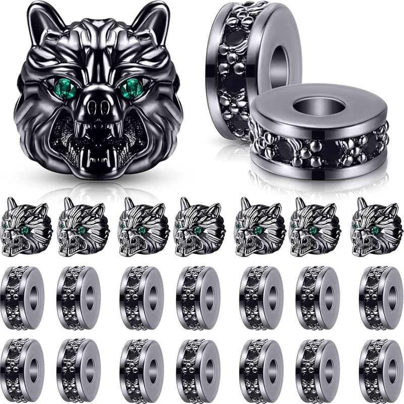 Wolf Head Charms Beads for Men’s DIY Bracelets - 24 Pieces