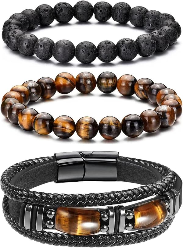 Men's Adjustable Black Leather and Beaded Bracelet Set