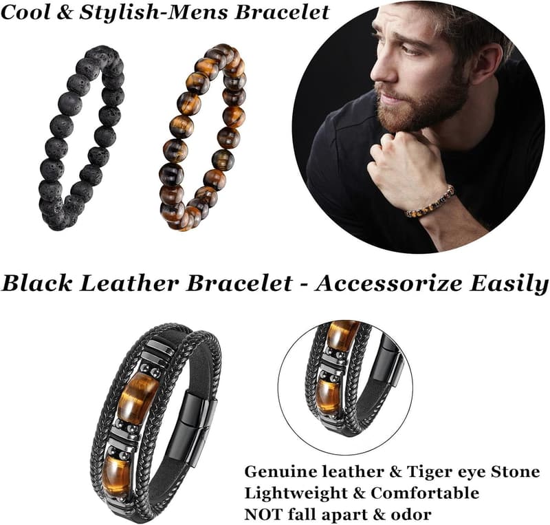Men's Adjustable Black Leather and Beaded Bracelet Set