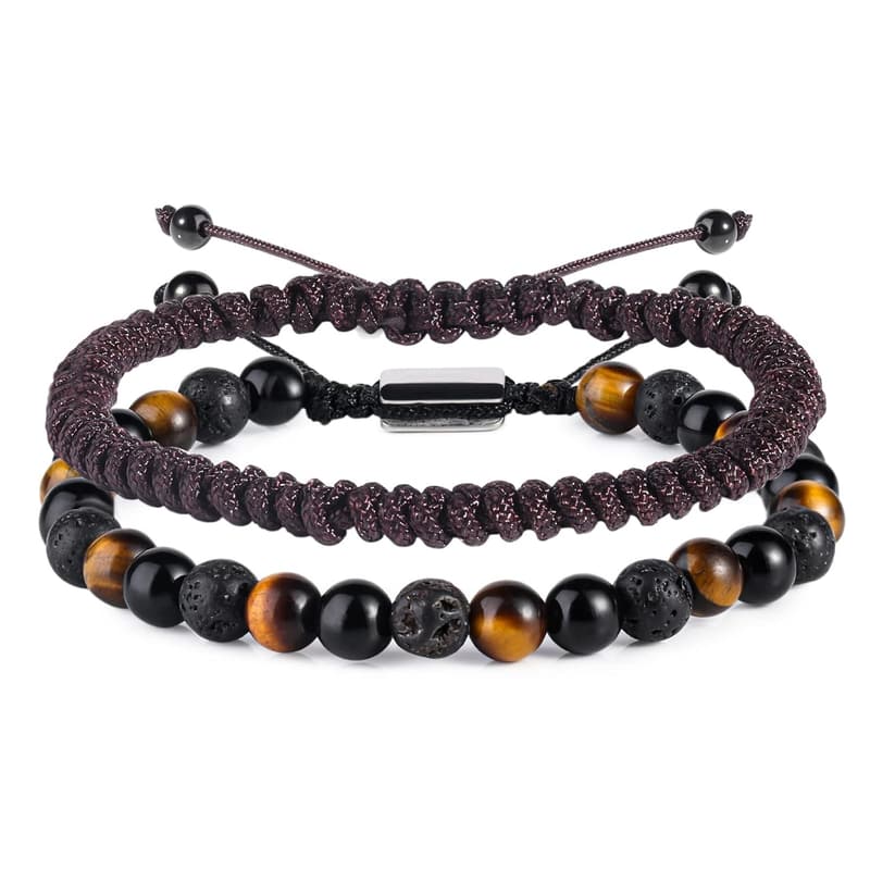 Men's 6mm Tiger Eye & Lava Bead Bracelet Set - Anniversary Gift