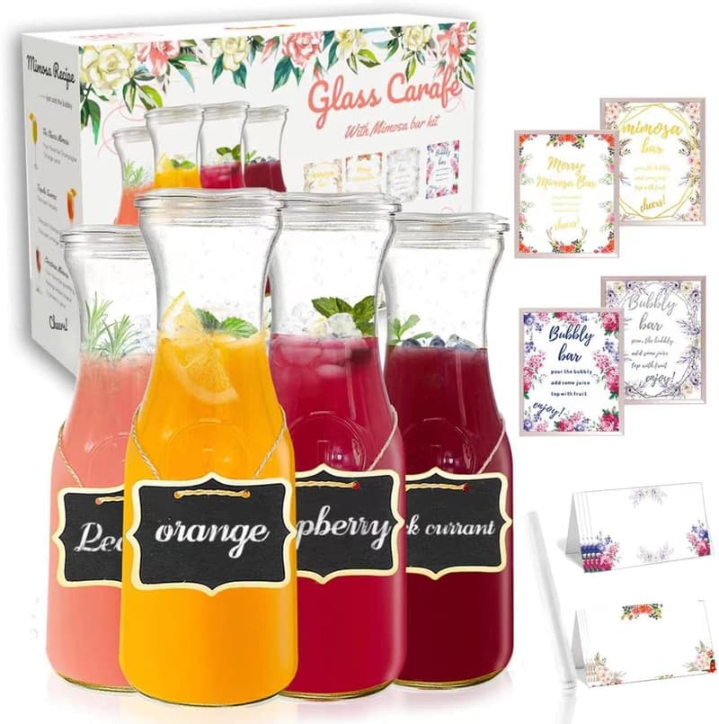 Mimosa Bar Set: 4 Glass Carafes with Lids for Beverages