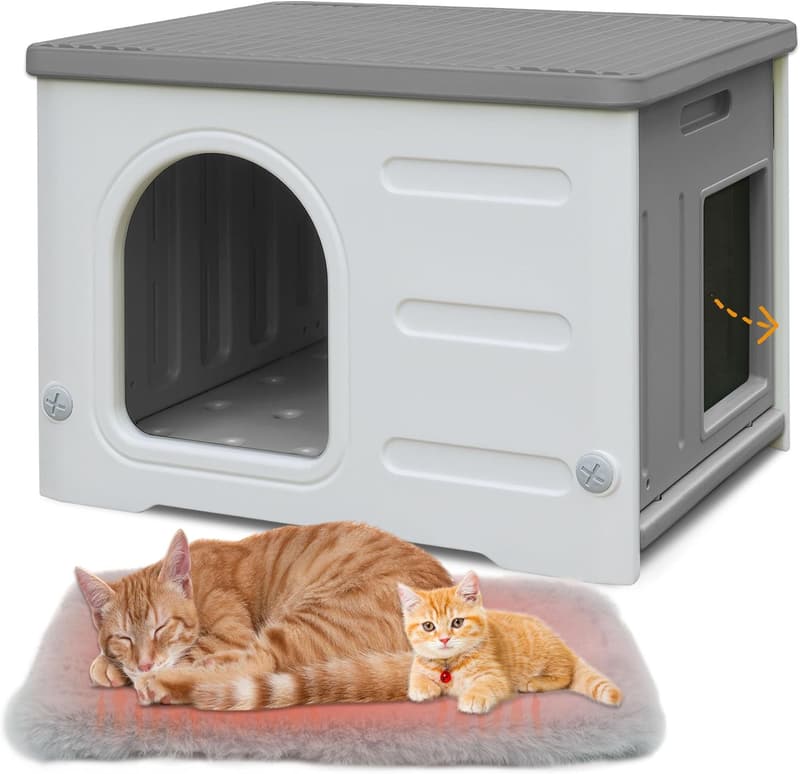 Large Outdoor Waterproof Cat House with Escape Door - Grey