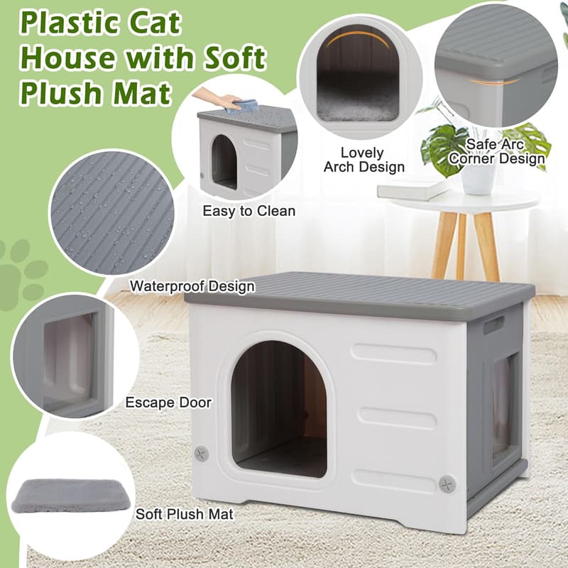Large Outdoor Waterproof Cat House with Escape Door - Grey
