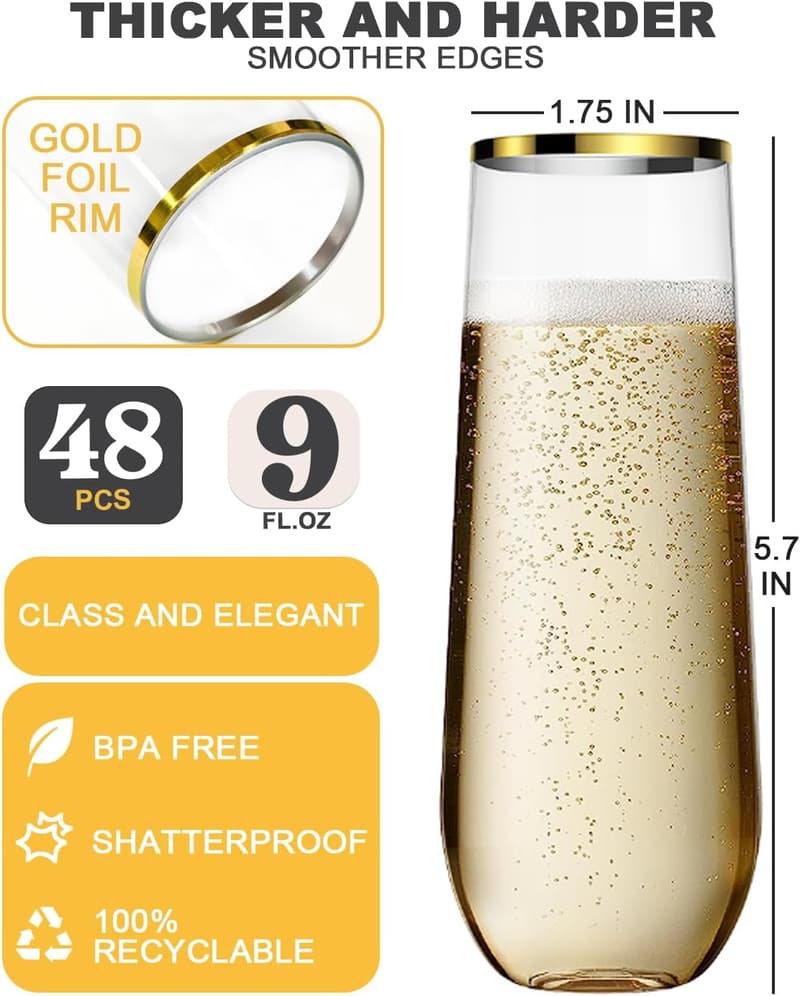 48 Pack Disposable Stemless Champagne Flutes for Parties