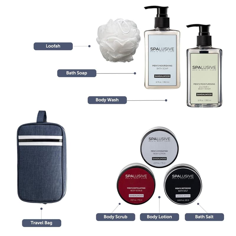 Men's Spa Gift Set - Natural Bath & Body Basket with Sandalwood Scent