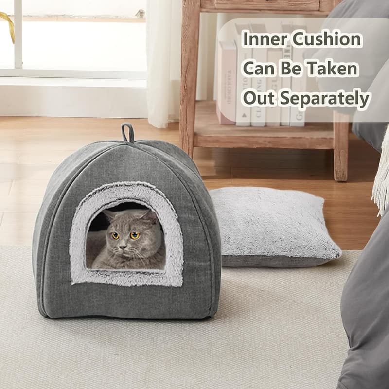 Indoor Cat Bed Cave - Soft, Foldable & Washable Tent, Grey 15