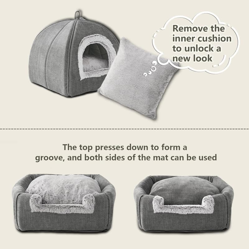 Indoor Cat Bed Cave - Soft, Foldable & Washable Tent, Grey 15