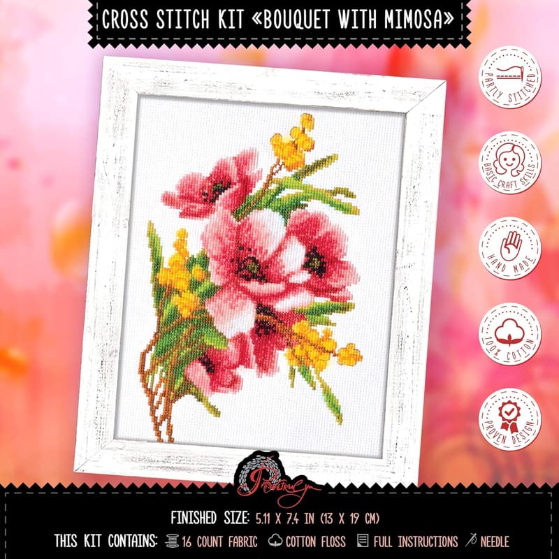 Mimosa Bouquet Flower Embroidery Kit - DIY Cross Stitch Gift