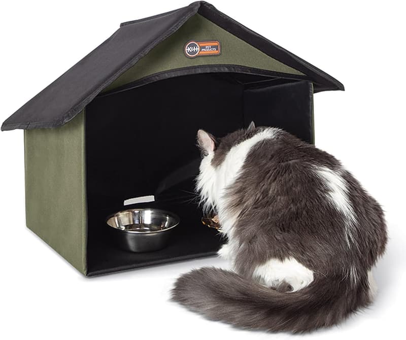 Outdoor Cat Feeding Station Shelter with Bowls - Olive
