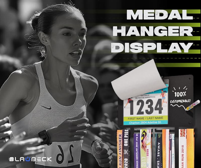 Runner Medal and Race Bib Display Hanger - Holds 50 Medals, 40 Bibs