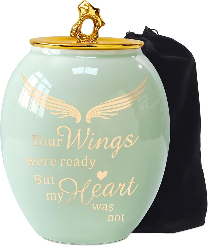 Ceramic Medium Urn for Ashes - Green Angel Wings for Women