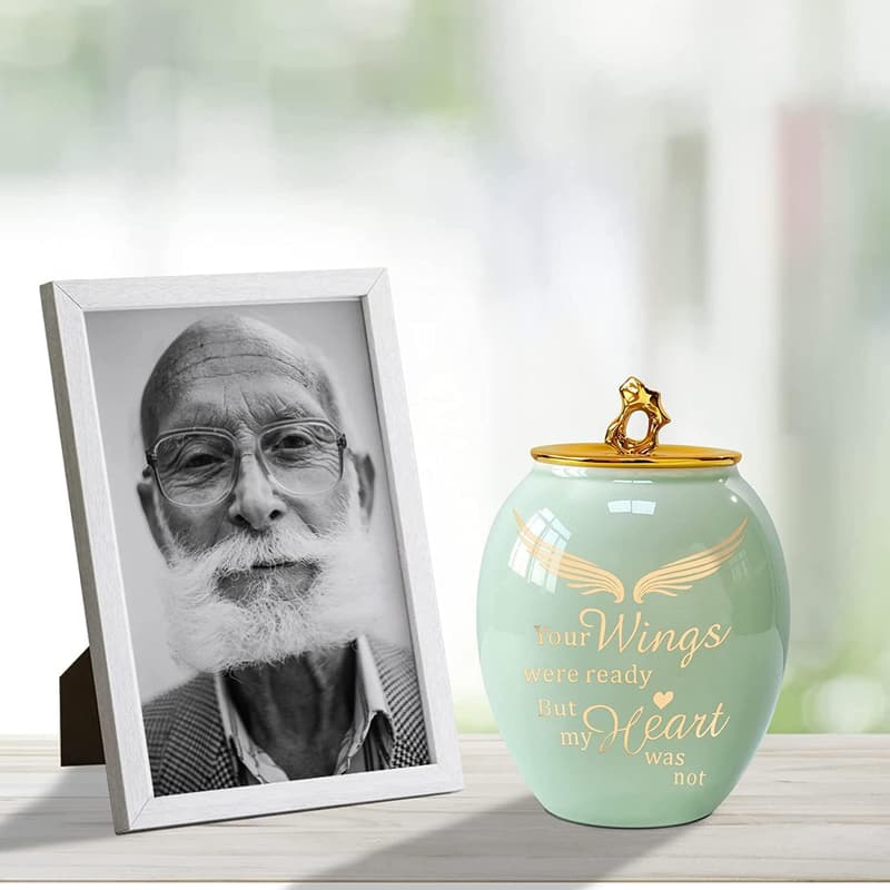 Ceramic Medium Urn for Ashes - Green Angel Wings for Women