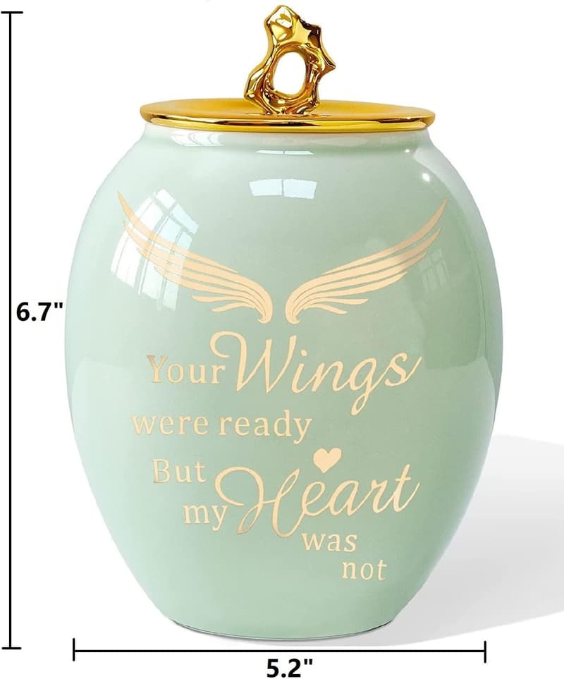 Ceramic Medium Urn for Ashes - Green Angel Wings for Women