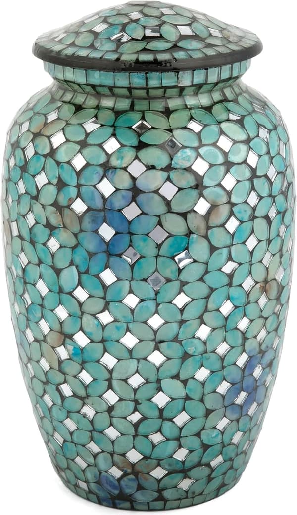 Blue Mosaic Glass Cremation Urn - Handmade Unique Burial Urn