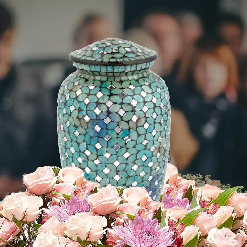 Blue Mosaic Glass Cremation Urn - Handmade Unique Burial Urn